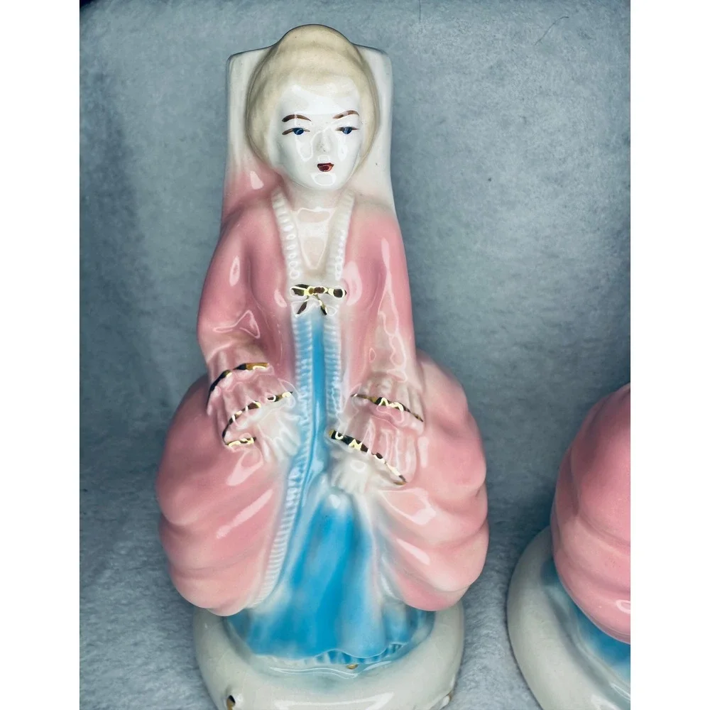Vintage Lady‎ Figurine Vase Pair Pink Blue Floral Accent Decor lamp bases